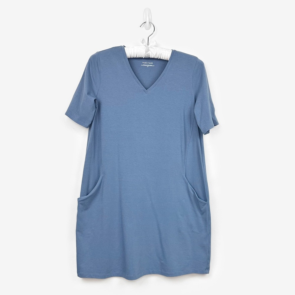 Eileen Fisher Stretch Jersey Mini Dress Size S Blue Cotton Blend